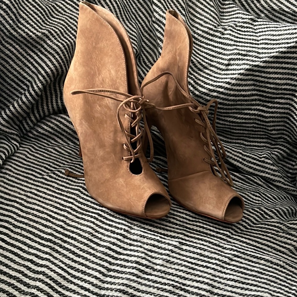 Schutz tan open toe lace up booties! New in box!